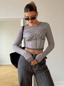 SHEIN Essnce Women's Line Pattern Print Cropped Long Sleeve T-Shirt - Khaki - View 2