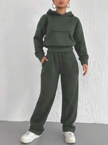 SHEIN Cottnline 女士實色連帽運動套裝,包括連帽衫和汗褲 - 軍綠色 - 查看 1