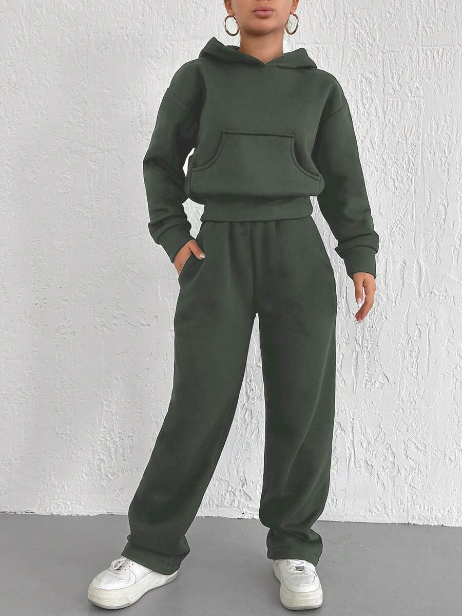 SHEIN Cottnline 女士實色連帽運動套裝,包括連帽衫和汗褲 - 軍綠色 - 查看 1