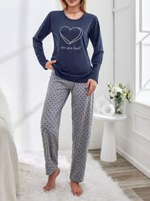 EURMUSE Heart & Slogan Graphic Tee & Pants Lounge Set - Black - View 4