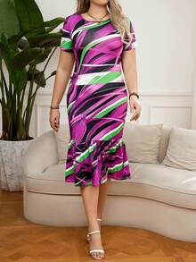 SHEIN Clasi 加大號全印花美人魚擺緊身連衣裙 - 紫色 - 查看 4