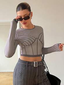 SHEIN Essnce Women's Line Pattern Print Cropped Long Sleeve T-Shirt - Khaki - View 5