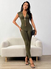 SHEIN PETITE Ladies' Sleeveless Zipper Front Skinny Jumpsuit Unitard - Army Green - View 6