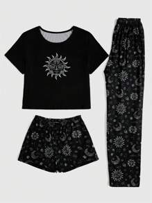 ROMWE Goth 3pcs/Set Women's Sun, Moon, Stars Digital Print Short Sleeve T-Shirt, Shorts And Pants, School