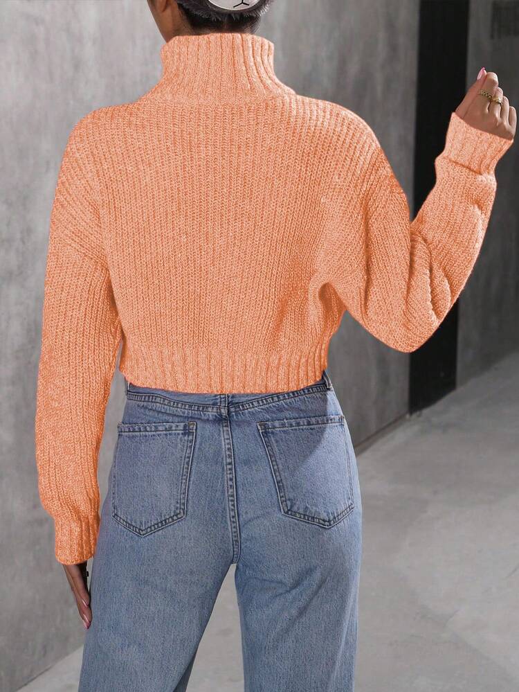 Solid Color High Neck Cropped Sweater Pullover Knit Pullover Fall Winter Sweater