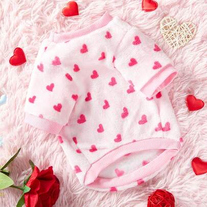 PETSIN 情人節1入組珊瑚絨粉紅色心形印花寵物運動衫,保暖且不需要戴帽子,適合貓狗