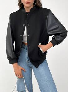 EURMUSE Women's Baseball Collar Patchwork Fabric Jacket - Black - View 1