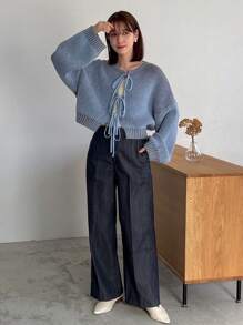 FRIFUL 女士罗纹针织系带开衫、长袖上衣 - 藍色 - 查看 3