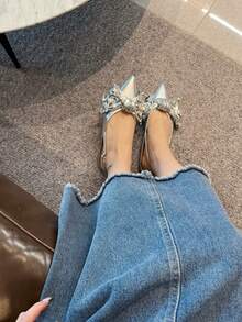 Women's Butterfly Shaped Rhinestone Detail Flat Sandals With Pointed Toe - Silver - View 4