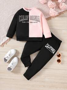SHEIN 女孩2入組休閒運動服,拼色字母印花運動衫和運動褲,適合秋冬季節 - 黑色 - 查看 1