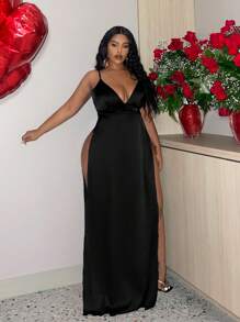 Slaydiva Váy dài xẻ cao Slayr Plus Size thanh lịch gợi cảm bằng vải satin chữ V sâu dành cho nữ - màu đen - Xem 4