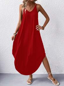 EARO Elegant European & American Style Minimalist Casual Sleeveless Long Solid Color Dress, Versatile For Daily Wear, Commute, Spring/Autumn, Vacation, Knitted High Stretch Tie-Waist Fitted Slimming Comfortable Slip Dress - Red - View 6