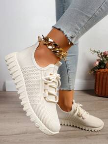 Women's Casual Sports Shoes, Breathable Decorated With Shoelaces, Beige Flat Shoes For Spring And Autumn - Beige - View 6