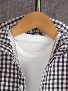 SHEIN Young Boy Plaid Jacket & Pants Set With Letter Patch - Black and White - View 4