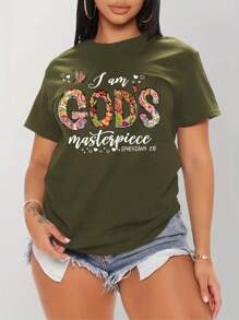 Calvaya Women's Plus Size English Letter Print Short Sleeve T-Shirt - Olive Green - View 1