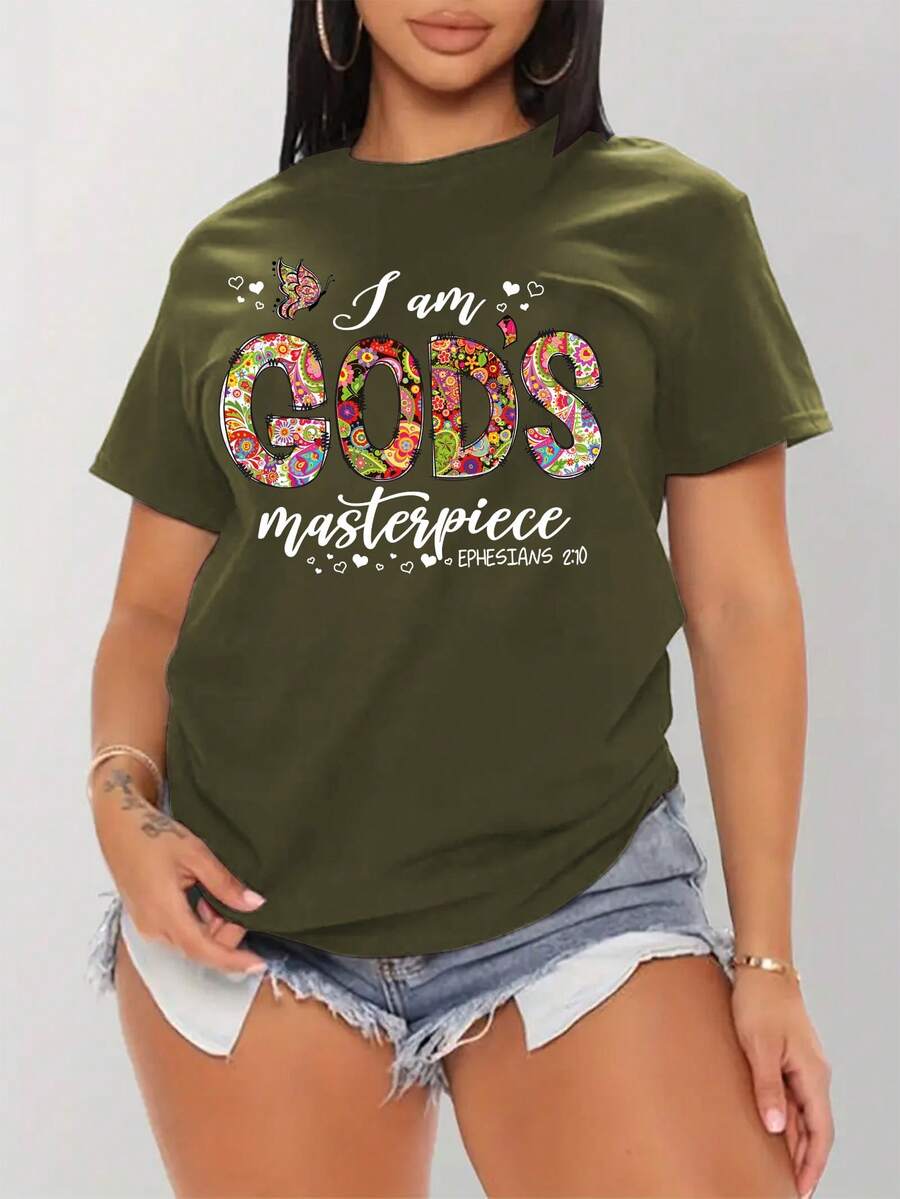 Calvaya Women's Plus Size English Letter Print Short Sleeve T-Shirt - Olive Green - View 1