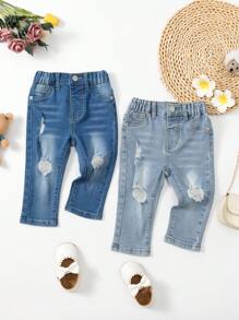 嬰兒女孩深藍色和淺藍色磨損彈性牛仔褲兩件套裝 - 彩色 - 查看 1