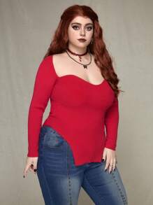 ROMWE PUNK Plus Size Women's Sweetheart Neck Sweater Pullover - Red - View 4