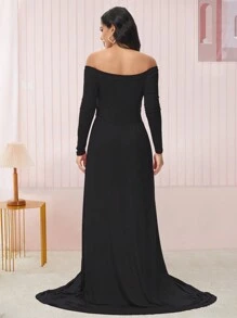 Maternity Open Shoulder V-Neck Long Sleeve Floor-Length Dress For Photography - Black - View 2