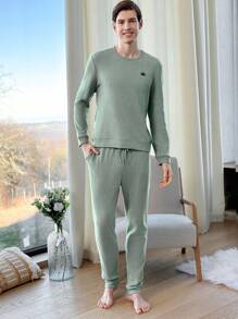 EURMUSE Cotton Men'S Ribbed Knit Homewear Set - Green - View 3