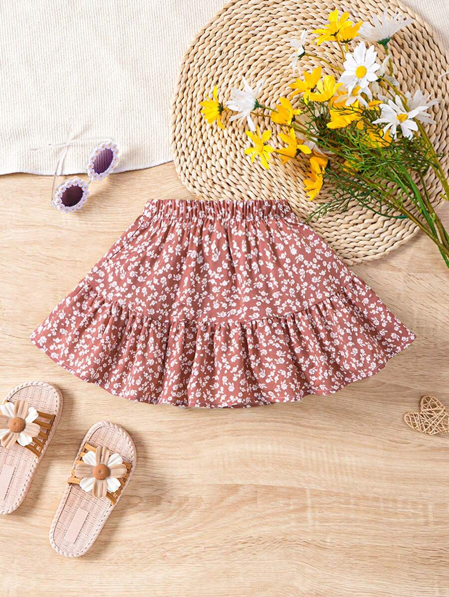 Young Girl Woven Loose-Fit Casual Skirt With Floral Print - Baby Pink - View 1