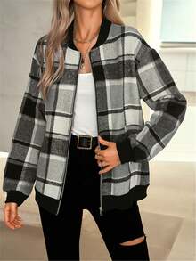 Women's Long Sleeve Checkered Jacket - Black - View 3