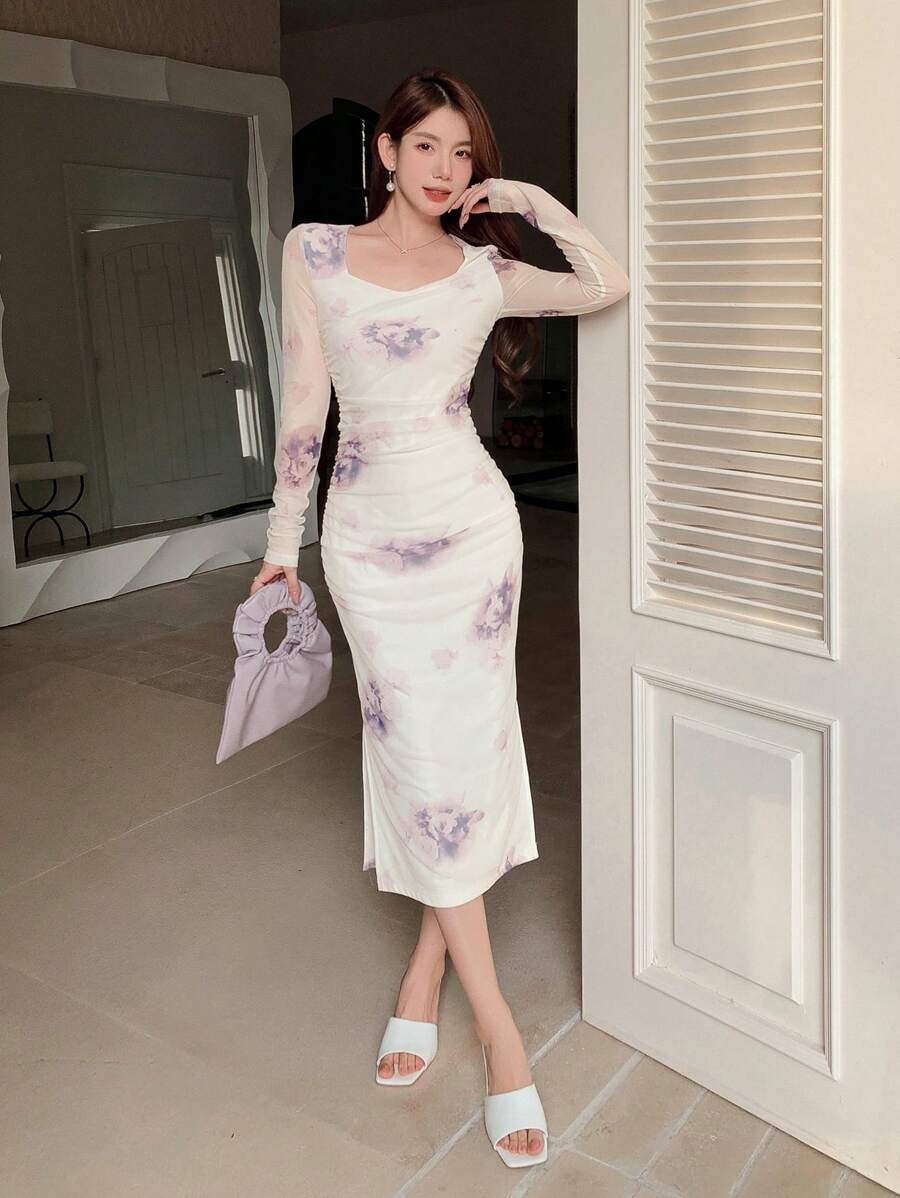 DAZY Váy lưới hoa dài tay dành cho nữ, Quần áo mùa thu dành cho nữ - trắng - Xem 1