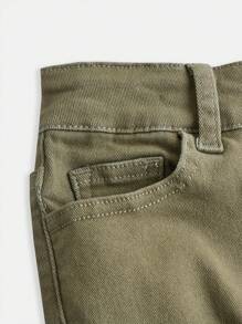 Cô gái Tween Cơ bản Giải trí Màu xanh lá Cắt dán Rách Denim Quần loe Với Mặt trước có nút Cho mùa xuân - Màu xanh Ô liu - Xem 3