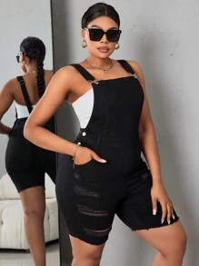 SHEIN SXY Plus Size Women'S Distressed Denim Overalls Shorts