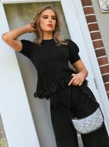 Anewsta 女式泡泡袖針織上衣,花瓣裝飾下擺 - 黑色 - 查看 5