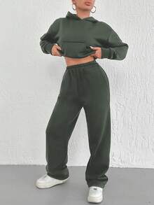 SHEIN Cottnline 女士實色連帽運動套裝,包括連帽衫和汗褲 - 軍綠色 - 查看 6