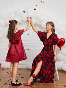 Robe Courte À Épaules Dénudées Et Nœud Papillon En Dentelle Décorée De Patchwork Pour Jeunes Filles