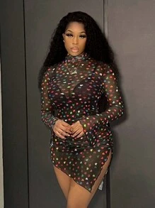 Slaydiva Pleated Heart Shaped High Neck Dress - Multicolor - View 5