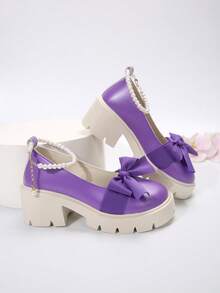 女士时尚百搭厚底坡跟凉鞋，休闲户外装，大码，适合搭配连衣裙，青少年风格，夏季海滩/度假，一脚蹬，防滑，舒适，纯色 PU 凉鞋 - 紫色 - 查看 6