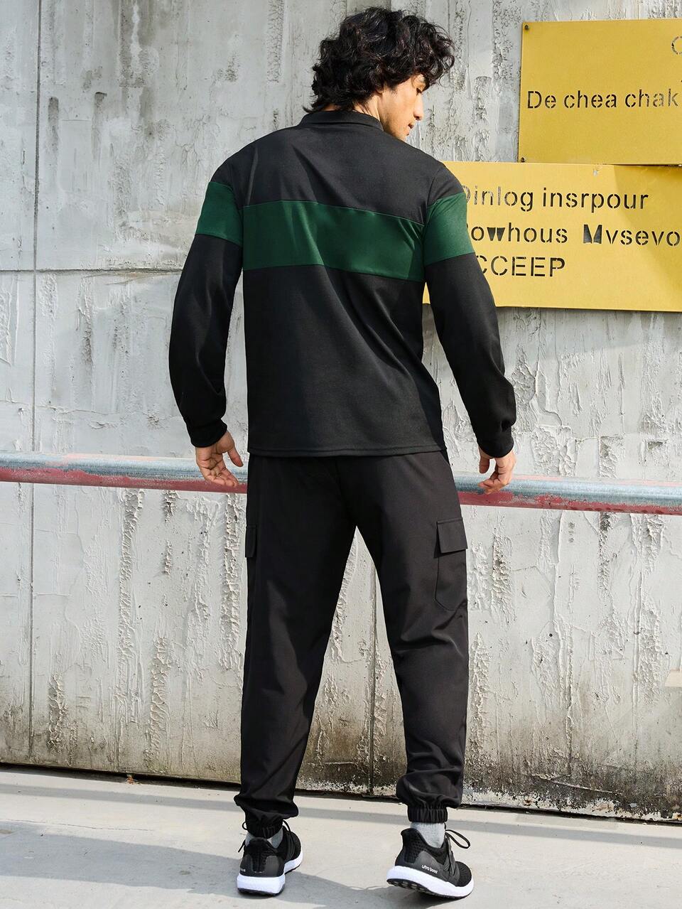 Boyfriend Style Men's Color Block Half Button Up Top And Jogger Pants Sportswear Set,Black,Summer,Baggy,Biking Athletic Tracksuit Workout 2 Pieces