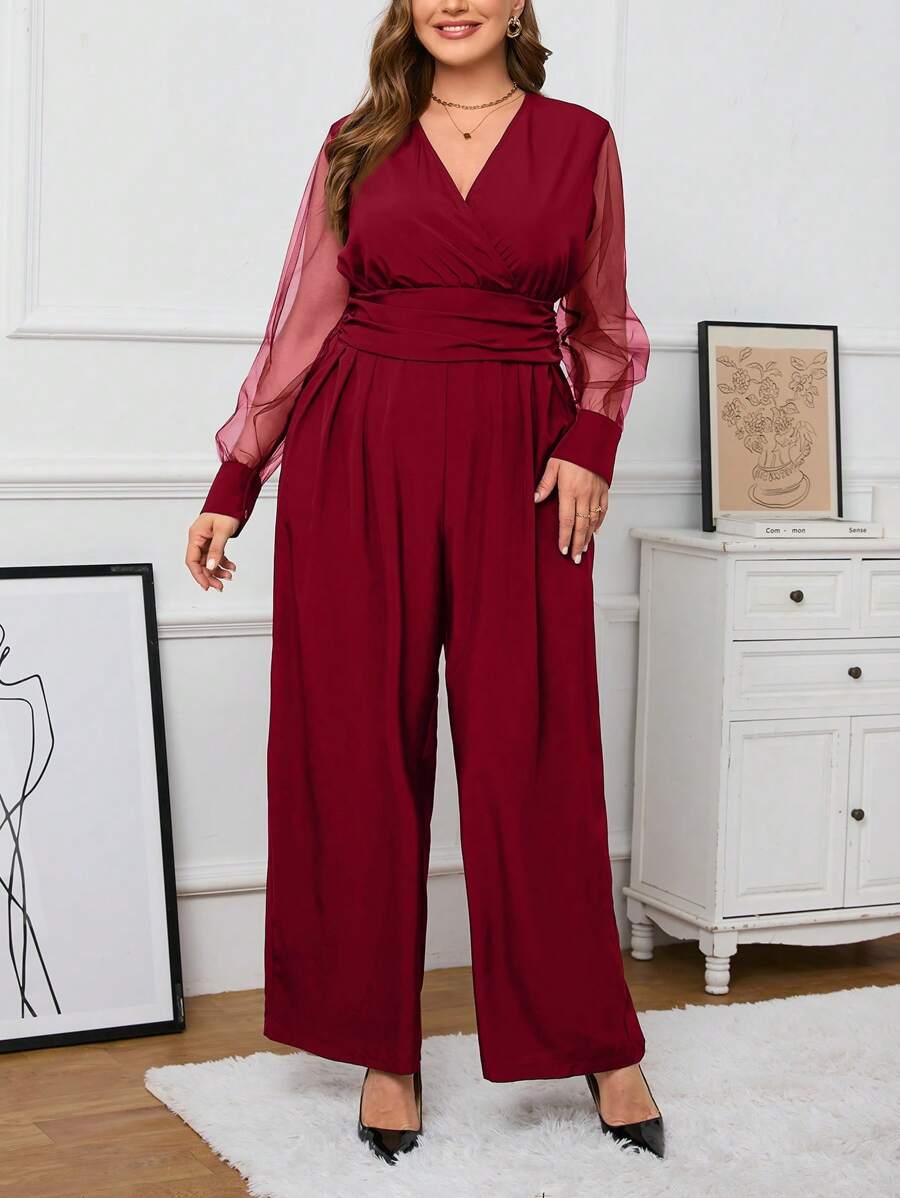 SHEIN Privé 大尺碼女款透視長袖褶皺高腰連身褲 - 酒紅色 - 查看 1