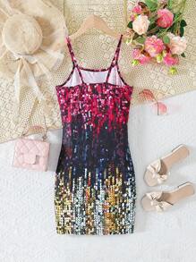SHEIN Tween Girls' Cool Printed Glitter Sparkle Strap Dress - Multicolor - View 2