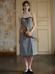 涤纶千鸟格纹系带吊带裙 - 黑與白 - 查看 7