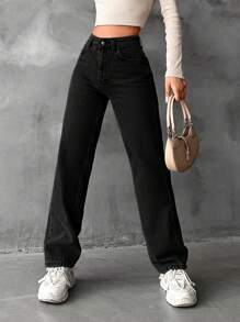 SHEIN Cottnline Ladies Solid Color Straight Leg Jeans - Black - View 1
