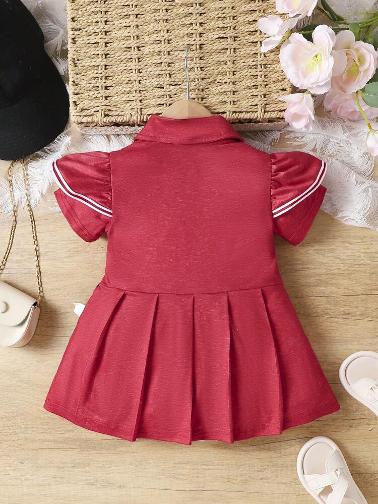 Baby Girl Color Block Edge Polo Collar Pleated Dress