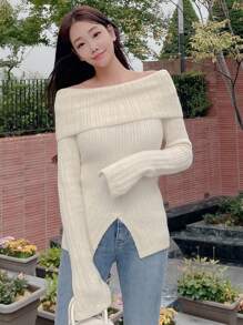 DAZY Của phụ nữ Màu thuần Off Shoulder Áo len - trắng - Xem 6