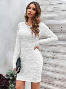 SHEIN Clasi Women's Solid Color With Textured Fabric Bodycon Dress - White - View 6