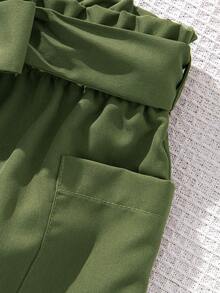 SHEIN Conjunto De Top De Un Hombro De Punto De Color Sólido Para Niñas Preadolescentes Y Pantalones Cortos Tejidos De Dos Bolsillos De Color Sólido - Multicolor - Ver 5