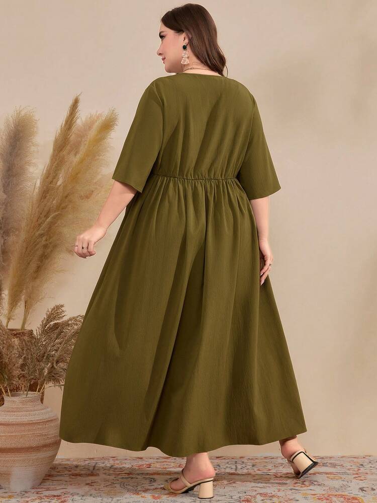 Plus Size Geometric Pattern V-Neck Bell Sleeve Dress