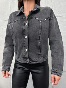 EURMUSE Women's Beaded Denim Jacket - Grey - View 4