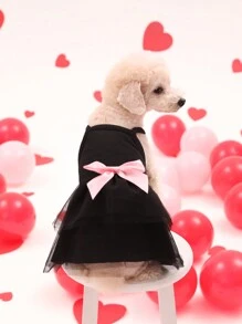 PETSIN 情人節黑色網眼蕾絲寵物衣服,粉色蝴蝶結