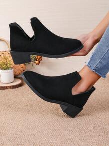 女式純色粗跟尖頭休閒英倫風舒適踝靴和短靴,黑色 - 黑色 - 查看 1