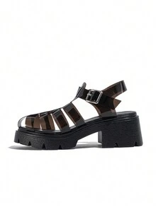 流行舒適的女式楔型厚底羅馬風涼鞋,使用透明玻璃質感的 Pvc 束帶 - 黑色 - 查看 2