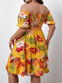 Sunnyshic 大码女式波西米亚风植物印花露肩连衣裙，适合夏季 - 黃色 - 查看 2