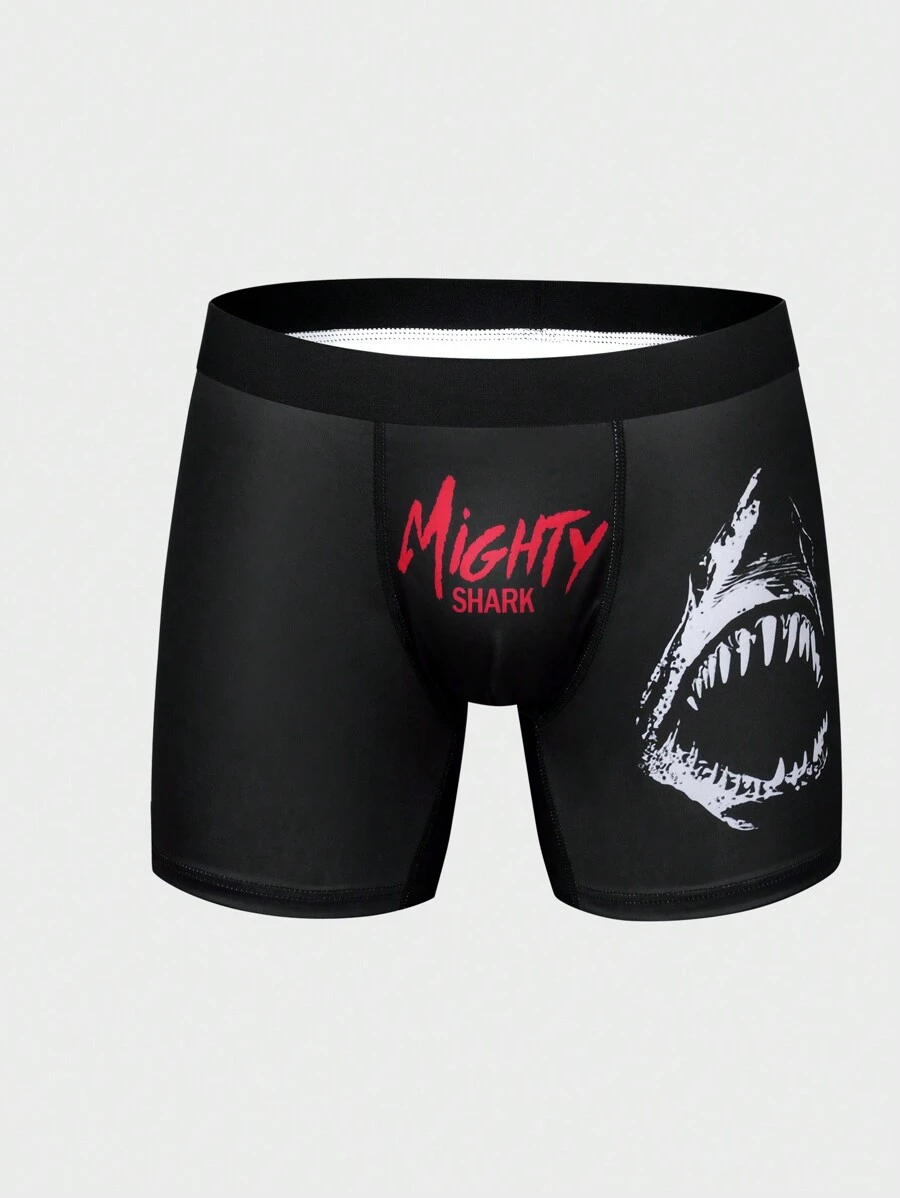 男士字母和鯊魚印花短褲 - 黑色 - 查看 1
